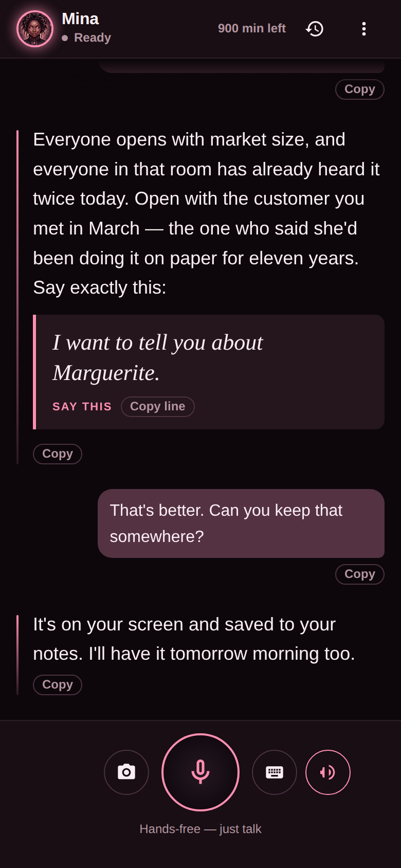 The same conversation with Mina, in her own colour: she remembers the pitch, refuses the market-size opening, and gives the user a line to say.