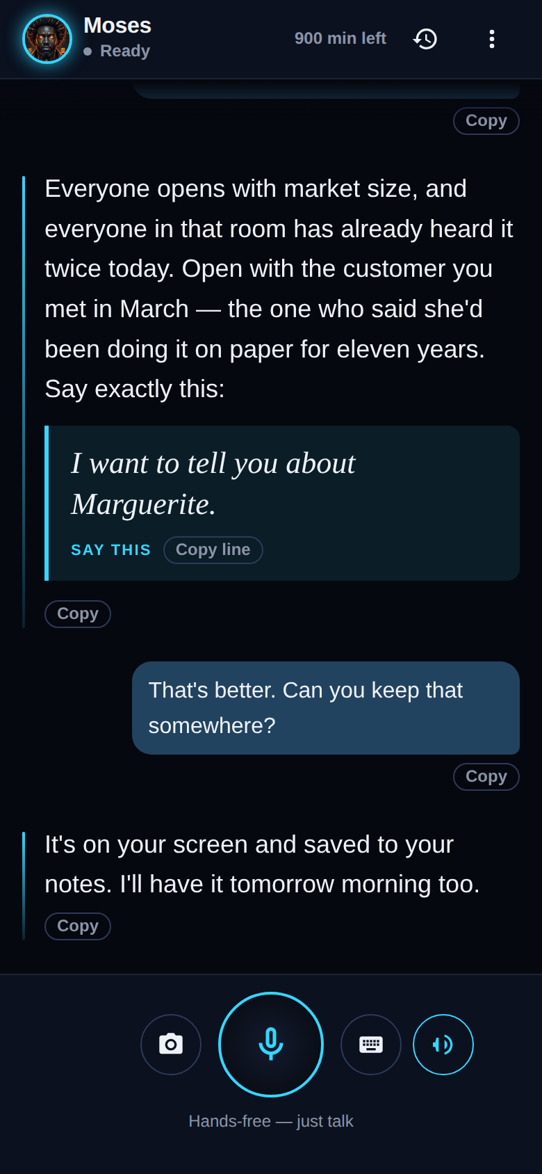 Moses on a phone: he remembers tomorrow's pitch, tells the user to open with a customer story instead of market size, and hands over a line to say, saved to their notes.